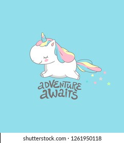 Positive Baby Unicorn Fly to Adventure Print. Morning Motivational Inspiration Summer Poster Colorful Design . Funny Cute Fantasy Pegasus Card Flat Cartoon Vector Illustration