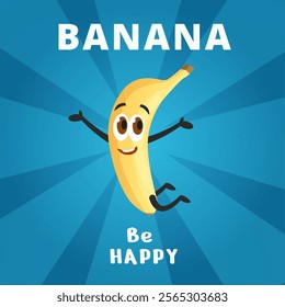 Positive banana poster. Jumping funny banana character. Tropical organic healthy fruit for high carb diet nutrition. Day snack nowaday vector element