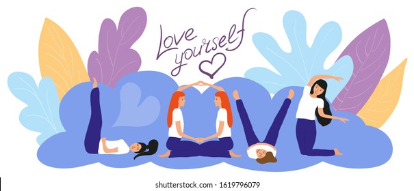 Positive banner with a group of happy girls in yoga poses. The concept of good health, affiliate yoga, love and care for your body. Calligraphic inscription Love yourself. Vector art and illustration.