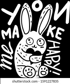 Positive Banner You Make Me Happy Designed Quote on Chalkboard Background. Calligraphy Text Decorated Sitting Funny Smiling Bunny Giraffe Heart Monochrome Mockup Vector Flat Illustration