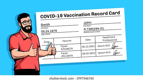 Positive bearded man with a vaccination certificate. Covid-19 vaccination card poster. Vector illustration.