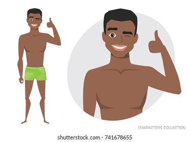 Positive black african american guy smiling and recommended.