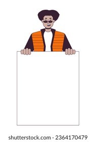Positive black protester flat line color vector character. Male on demonstration. Announcement. Editable outline half body person on white. Simple cartoon spot illustration for web graphic design