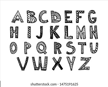 Positive black and white alphabet for kids. Isolated. Hand drawn vector illustration.