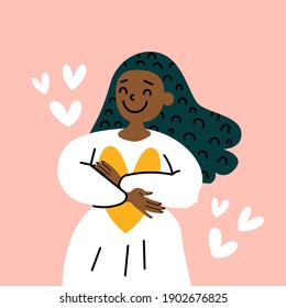 Positive black woman hugs herself and a heart with care. concept. Vector Eps stock hand drawn illustration. Love yourself, self care, love your body, happiness, confidence concept. Card: self support, believe