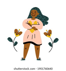 Positive black woman hugs yourself and a heart with care. Vector Eps stock hand drawn illustration. Love yourself, self care, love your body, happiness, confidence concept. Card: self support, believe