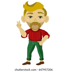 Positive blond guy in a red shirt. Cartoon vector illustration