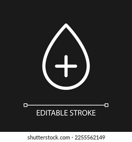 Positive blood type pixel perfect white linear ui icon for dark theme. Blood transfusion. Vector line pictogram. Isolated user interface symbol for night mode. Editable stroke. Arial font used