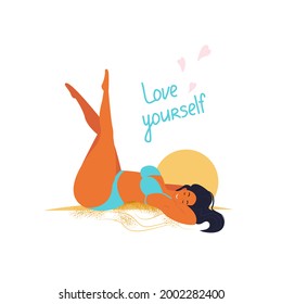 Positive body, girl size xl in a bathing suit sunbathes, vector illustration in flat style, cartoon.