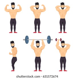 Positive bodybuilder posing icon set in cartoon colored style on white background. Body positive people.