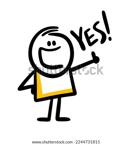 The positive boy gives a thumbs up and agrees. Vector illustration of a man saying yes with a smile and joy.