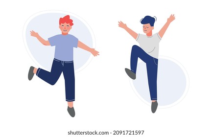 Positive Boy Jumping with Joy and Excitement Rejoicing Vector Set