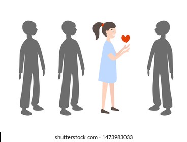 Positive bright girl with a heart in her hands among the gray crowd of people. Donor and recepient. Vector illustration.