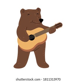 Positive brown teddy bear standing and playing guitar