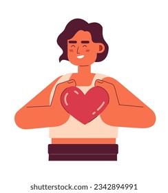 Positive brunette woman holds small heart semi flat color vector character. Editable half body young woman on white. Simple cartoon spot illustration for web graphic design