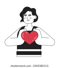 Positive brunette woman holds small heartmonochromatic flat vector character. Editable thin line half body young woman on white. Simple bw cartoon spot image for web graphic design