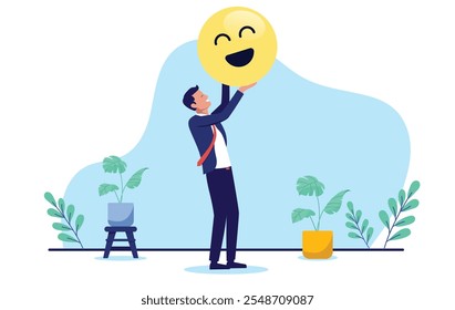 Negócio positivo - Empresário de pé segurando emoji smiley rosto na mão com atitude feliz sentindo motivação e encorajamento no trabalho. Ilustração de vetor de design plano