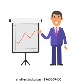 Positive business graph. Young businessman happy and smiling. Vector characters. Vector illustration