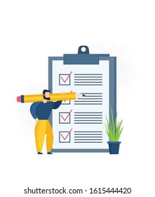 Positive business man with a giant pencil on his shoulder nearby marked checklist on a clipboard paper.  Illustration flat design style 