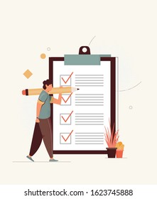 Positive business man with a giant pencil on his shoulder nearby marked checklist on a clipboard paper.  Illustration flat design style 