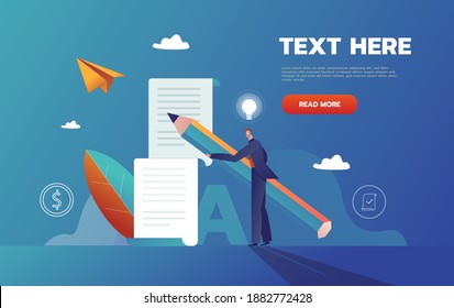 Positive business man with a giant pencil on his shoulder nearby marked checklist on a clipboard paper. Successful completion of business tasks. Flat vector illustration