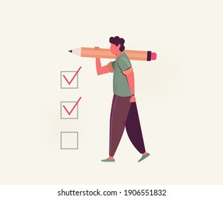 Positive business man with a giant pencil on his shoulder nearby marked checklist on a clipboard paper.  Illustration flat design style 