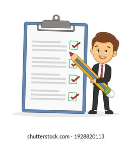 Positive business man with a giant pencil on his shoulder nearby marked checklist on a clipboard paper