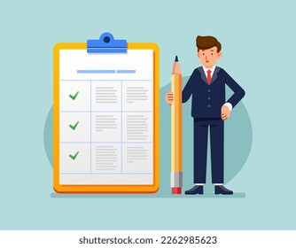 Positive business man with giant pencil near marked checklist on clipboard paper Successful completion of business tasks Flat vector illustration
