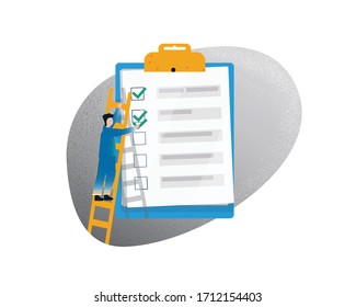 Positive business man  marked checklist on a clipboard paper. Successful completion of business tasks. Flat vector illustration.