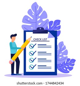 A positive business man points in the direction indicated by a checklist on the blackboard. Successfully completed business assignment. Flat vector illustration.