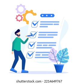 A positive business man points in the direction marked by a checklist on whiteboard paper. Successfully complete business assignments. Flat vector illustration.