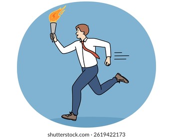 Positive business man runs with champion torch symbolizing professional records and achievements. Guy in business clothes strives to be leader and show outstanding career success