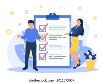 A positive business man and woman point to the direction marked with a checklist on chalkboard paper. Successfully complete business assignments. Flat vector illustration. EPS