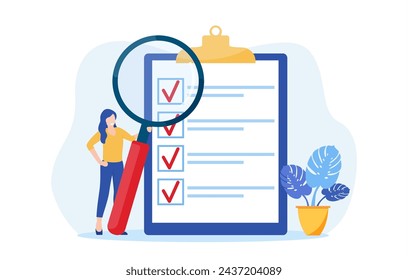 Positive business people with a magnifying glass nearby are marked with a checklist on clipboard paper. Successfully complete business assignments. Vector illustration in flat style