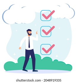 A positive business people points in the direction marked by a checklist on whiteboard paper. Successfully complete business assignments. Flat vector illustration.