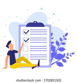 Positive business people sit while pointing at a nearby checklist marked on paper clipboard. Successfully complete business assignments. Flat vector illustration.