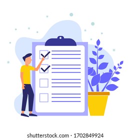 Positive business people standing nearby are marked with a checklist on clipboard paper. Successfully complete business assignments. Flat vector illustration.