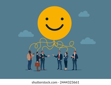 La gente de negocios positiva vale la pena bajo el símbolo de la cara sonriente piensa Plan. Motivación laboral. Felicidad de los empleados, satisfacción laboral, beneficio de la empresa, actitud positiva. Ilustración vectorial plana