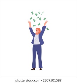 Positive business woman character in formal suit standing under money cash rain catching currency