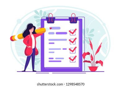 Positive business woman with a giant pencil on his shoulder nearby marked checklist on a clipboard paper. Successful completion of business tasks. Flat vector illustration.