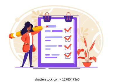 Positive business woman with a giant pencil on his shoulder nearby marked checklist on a clipboard paper. Successful completion of business tasks. Flat vector illustration.