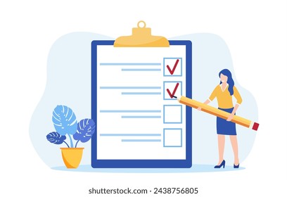 Positive business woman with a giant pencil on his shoulder nearby marked checklist on a clipboard paper. Task done business concept. Vector illustration in flat style