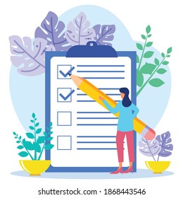 A positive business woman points in the direction marked by a checklist on whiteboard paper. Successfully complete business assignments. Flat vector illustration.