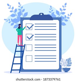 A positive business woman points in the direction marked by a checklist on whiteboard paper. Successfully complete business assignments. Flat vector illustration.
