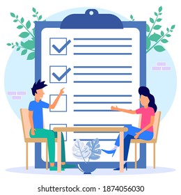 A positive business woman points in the direction marked by a checklist on whiteboard paper. Successfully complete business assignments. Flat vector illustration.