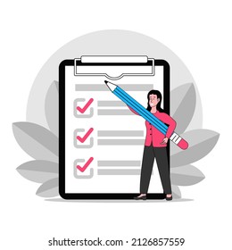 A positive business woman points in the direction marked by a checklist on whiteboard paper. Successfully complete business assignments.