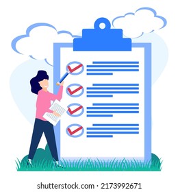 A positive business woman points in the direction marked by a checklist on whiteboard paper. Successfully complete business assignments. Flat vector illustration.