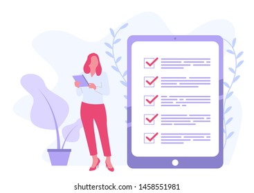 Positive business women with a phone on his hand nearby marked checklist on a big phone. Successful completion of business tasks. Flat vector illustration.