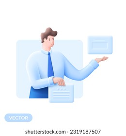 Positive businessman demonstrating documents concept vector illustration. Professional manager holding frames 3D cartoon people character for web design. Creative idea for website, mobile,presentation