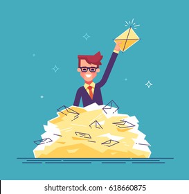 Positive businessman found the right letter in a heap of e-mails. Concept of direct mail, email, spam. Modern vector flat illustration.